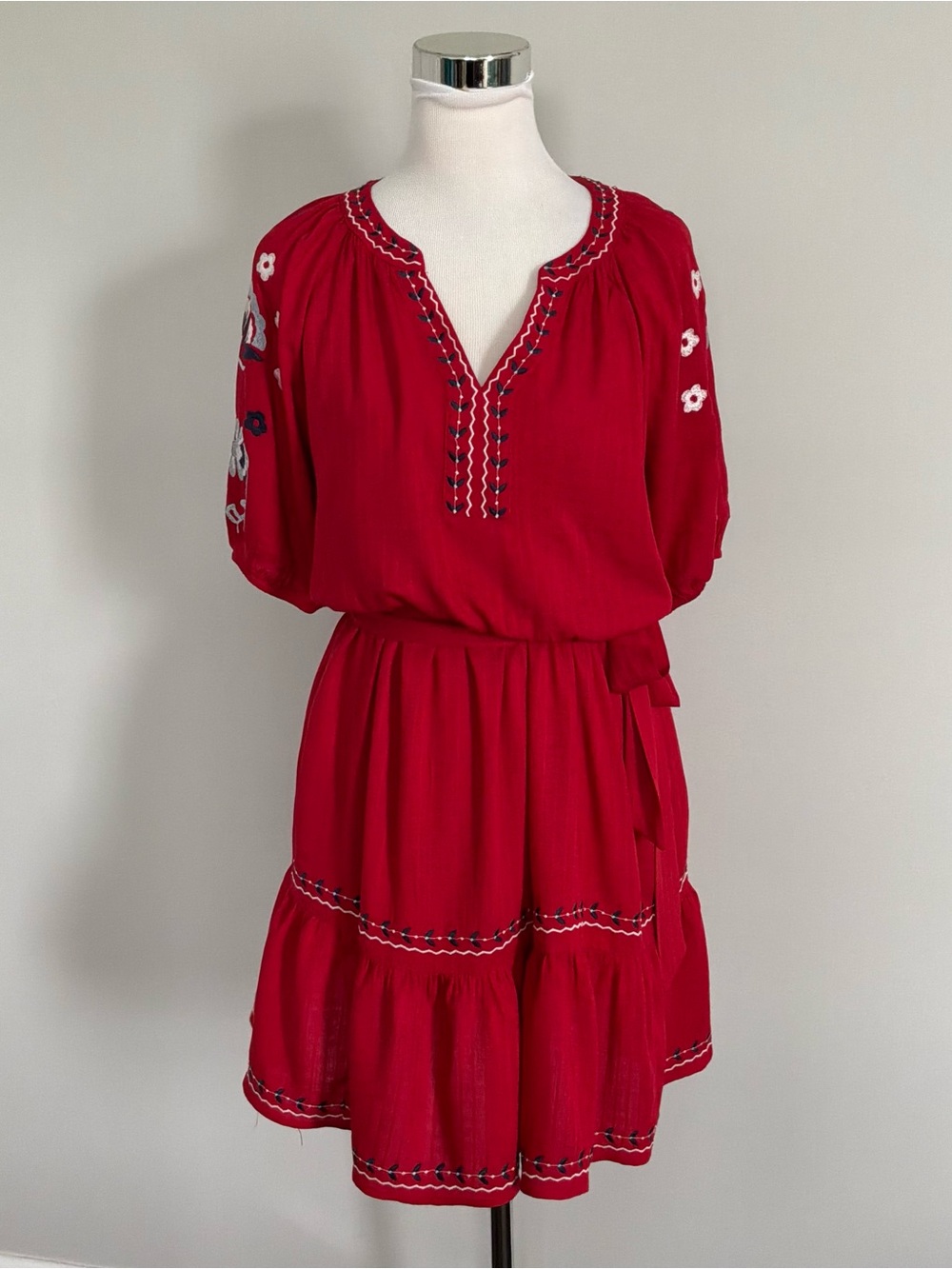 Red Embroidered Kate & Sam S Prairie Dress Preppy Boardwalk Boho Hippie SMALL